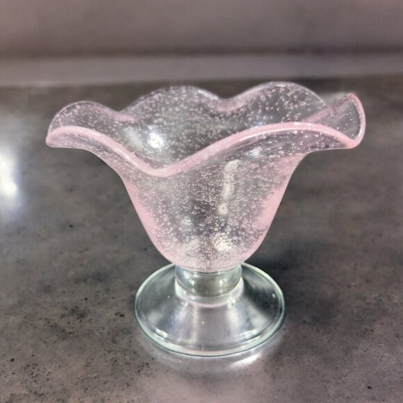 Art Glass Clear Footed Bowl Compote Pink Top With Small Bubbles Glass Decor - Picture 1 of 12